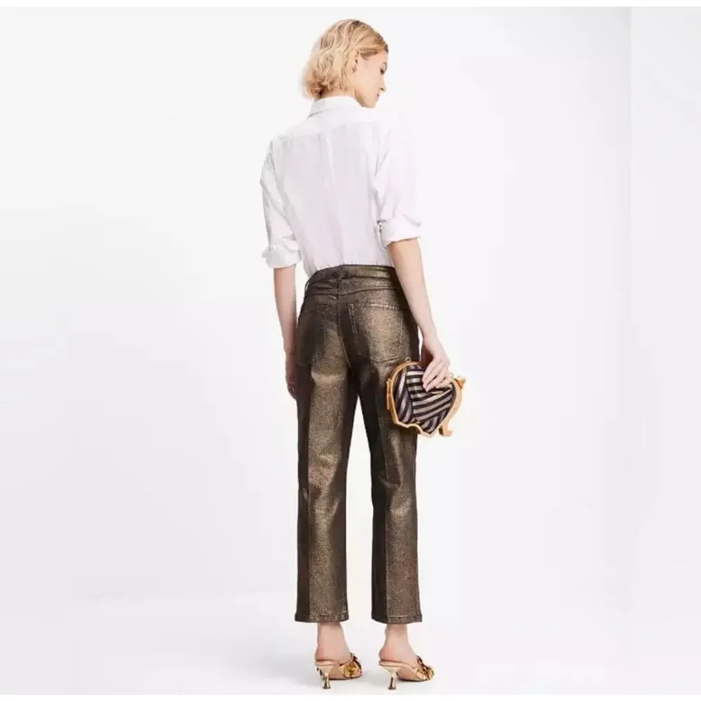 Kate Spade Gold Metallic Straight Leg Denim Pant Size 27